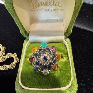 Beautiful 18kt gold “Harem ring”with multi semi gemstones size 8 ruby sapphire